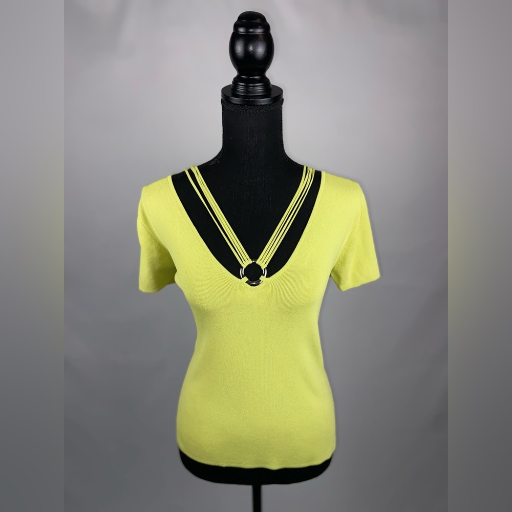 Blouse Top Medium Cable & Gauge Light Neon Green Short Sleeve v-neck